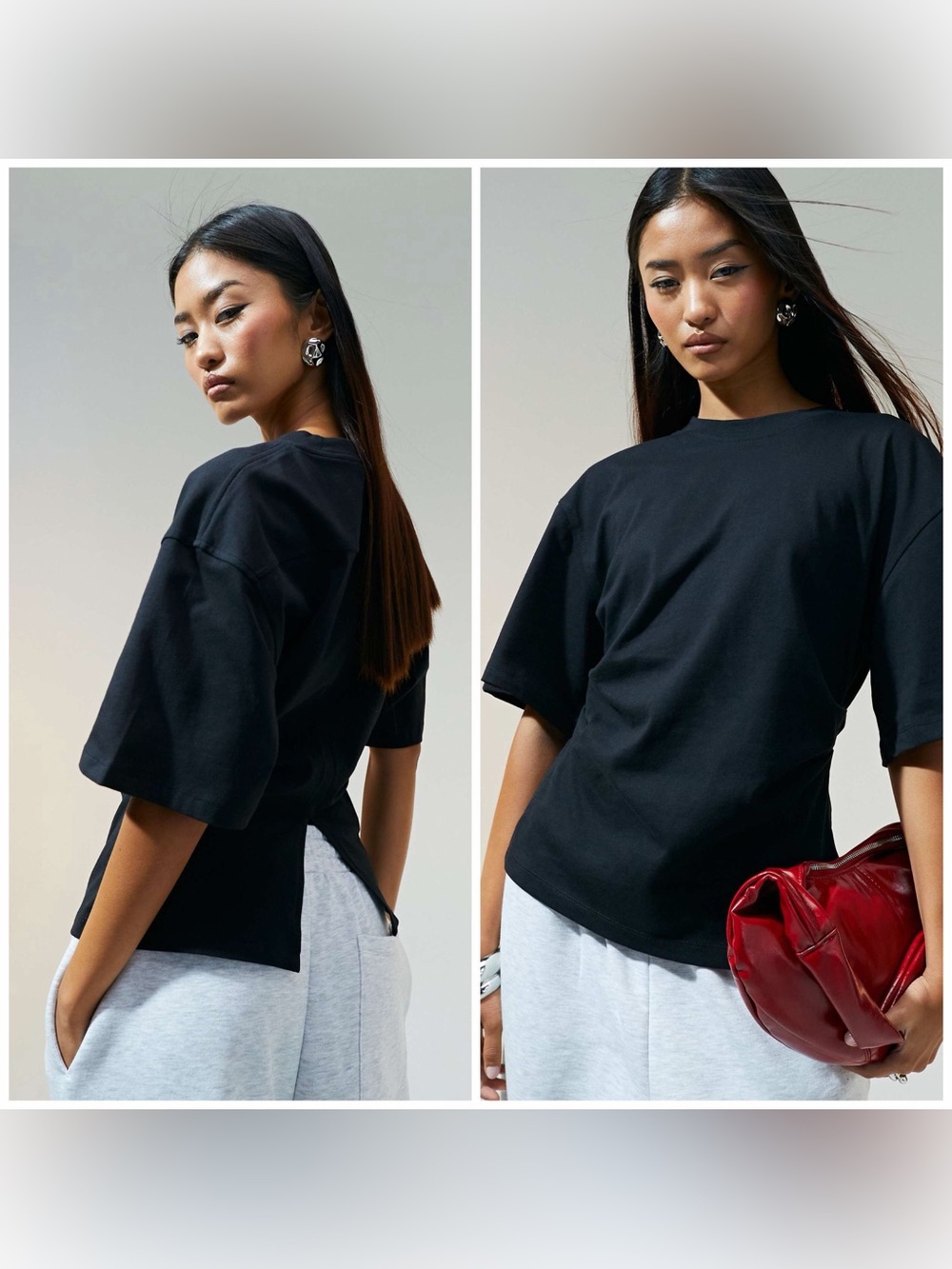 ASOS DESIGN corset waist t-shirt  black Gathered Ruched Back Slit Basic Sz M 10